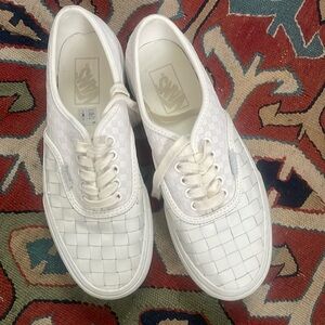 All White Stacked Woven Leather Vans